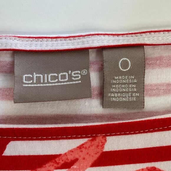 Chicos Red White Striped Leaf Print Cotton Tie Sleeve Blouse Womens Size Small S - Picture 7 of 10